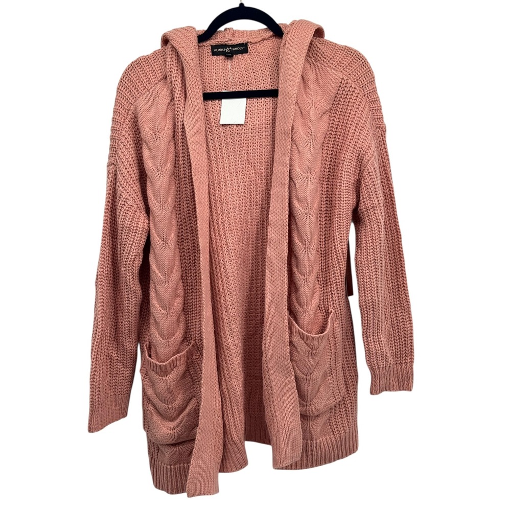 Almost Famous XL Pink Hooded Cardigan Sweater Cable Knit Open Front‎ Pockets